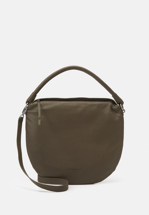 Borsa a mano in pelle verde oliva con base arrotondata, manico singolo superiore, tracolla rimovibile e chiusura superiore con cerniera.