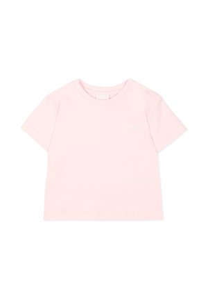 Maglietta per neonati rosa chiaro a maniche corte con scollo rotondo e piccolo logo bianco Givenchy sul petto.