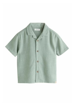 Kurzärmeliges Hemd aus hellgrünem Baumwollstoff mit durchgehender Knopfleiste, spitzem Kragen und strukturierter Textur. Ausgestattet mit braunen Knöpfen und einem Etikett.