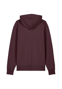 Bordeauxfarbene Kapuzenpullover mit Kängurutasche, gerippten Bündchen und abgerundetem Saum. Weicher Stoff mit glatter Textur, entworfen für hohen Tragekomfort.