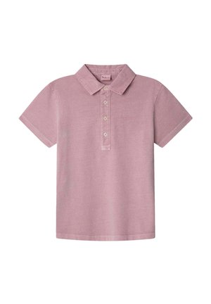 Polo à manches courtes en tissu rose clair ; doté d'un col classique, d'une patte de boutonnage à cinq boutons et d'une broderie de logo discrète.
