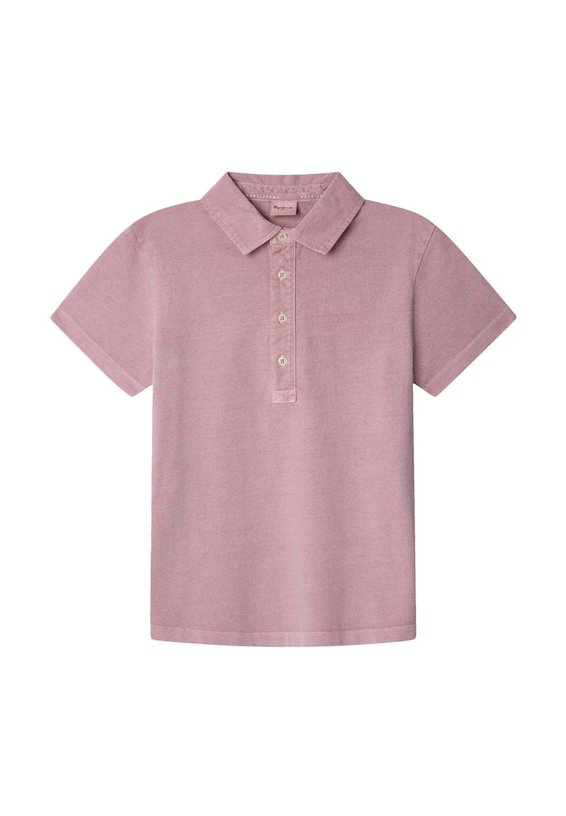 Kortärmad polo t-shirt i ljusrosa tyg; har en klassisk krage, femknapps placket och subtil logomärkning.