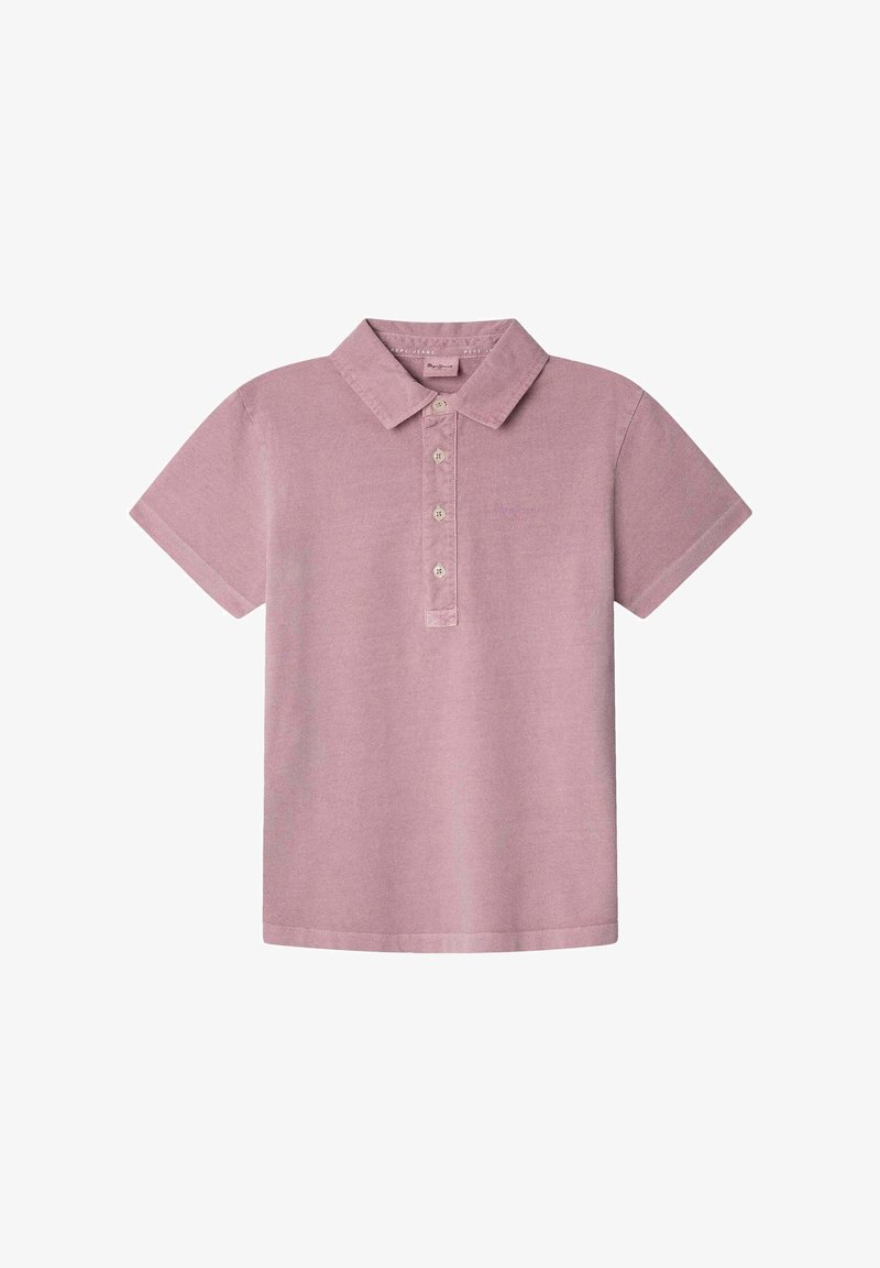Kurzarm-Poloshirt aus hellrosa Stoff; mit klassischem Kragen, Knopfleiste mit fünf Knöpfen und dezenten Logo-Stickereien.