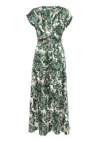 Grön och kräm marmorerad tryck omslag klänning med korta ärmar, ett bälte i midjan och en flödande kjol som når under knäna.