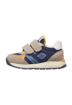 Child's sporty sneaker in beige, navy, blue, and orange with two Velcro straps and a white cushioned sole.