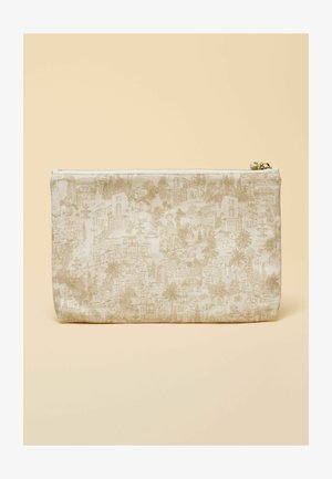 Beige rechteckige Reißverschlusstasche mit einem detaillierten, hellbraunen Stadtbilddruck, der Gebäude, Palmen und Brunnen zeigt.