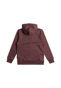 Felpa con cappuccio color bordeaux, realizzata in tessuto morbido, presenta una tasca a marsupio, polsini a costine e orlo piatto, senza loghi o motivi visibili.