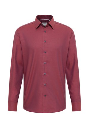 Camicia a maniche lunghe con bottoni di colore bordeaux, caratterizzata da un motivo testurizzato, colletto classico e bottoni blu lungo la patta frontale.