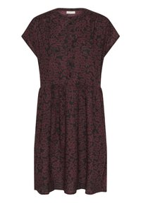 Robe florale couleur bordeaux à manches courtes, encolure ronde, boutonnée sur le devant, taille froncée, en tissu léger et texturé.