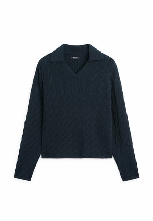 Donkerblauwe kabelgebreide trui met lange mouwen en een V-hals.