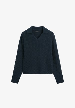 Maglione blu navy a maglia grossa con maniche lunghe e collo a V.