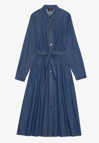 Denimklänning med långa ärmar, krage, knäppning fram och insvängd midja. Har en knytbälte och två sidfickor. Mörkblå färg.