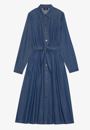 Denimkjole med lange ermer, krage, knapplukking foran og innsnørt midje. Har belte med knytning og to sidelommer. Mørk blå farge.