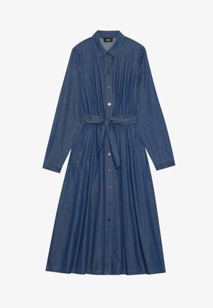 Vestido de ganga com mangas longas, gola, botão na frente e cintura ajustada. Possui um cinto de atar e dois bolsos laterais. Cor azul escuro.