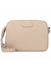Borsa a tracolla in pelle beige con finitura testurizzata, chiusura con zip e tracolla staccabile. Caratterizzata da un logo dorato sulla parte anteriore.