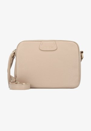 Borsa a tracolla in pelle beige con finitura testurizzata, chiusura con zip e tracolla staccabile. Caratterizzata da un logo dorato sulla parte anteriore.
