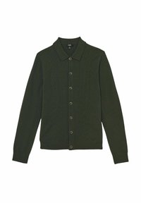 Cardigan tricotat de culoare verde închis, cu guler, închidere cu nasturi și model texturat în romb pe față. Mâneci lungi.