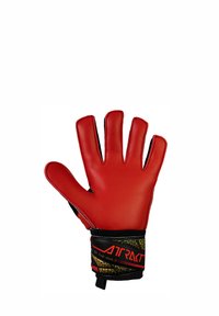 Roter Torwarthandschuh mit strukturierter Handfläche, schwarzem Handgelenkriemen und goldenen Akzenten. Fünffinger-Design mit glatter, glänzender Oberfläche.