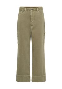 Pantalon cargo kaki à jambes larges avec bouton à l'avant, passants de ceinture, poches latérales et ourlets retroussés, vu de face.