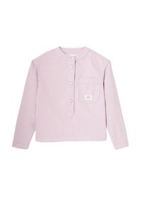 chemise à manches longues à rayures roses claires, dotée d'un col rond, de trois boutons, d'une poche poitrine et d'un tissu doux et texturé.