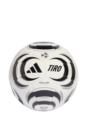 Biela a čierna futbalová lopta Adidas Tiro CLB s zakrivenými čiernymi vzormi a detailmi loga na viditeľných paneloch.