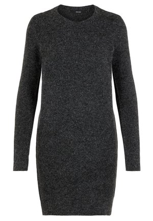 Vestido de suéter gris de punto con mangas largas, escote redondeado y forma ajustada, que presenta una textura suave y un diseño minimalista.