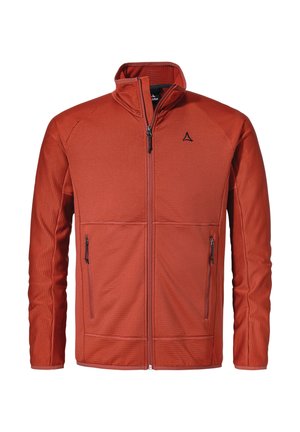 Rote Fleecejacke mit hohem Kragen, vorne mit Reißverschluss und zwei seitlichen Reißverschlusstaschen. Verfügt über ein strukturiertes Muster und ein Logo auf der Brust.