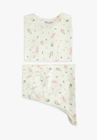 Cremfarbener Pyjama mit langen Ärmeln und Hose, ausgestattet mit einem rosa Band und einem kleinen Blumenmuster.