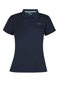 Paita polo tummansinisestä pehmeästä kankaasta, jossa on kaulus, kolmonnapainike ja pieni turkoosi logo vasemmassa rinnassa.