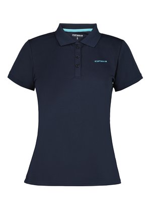 Paita polo tummansinisestä pehmeästä kankaasta, jossa on kaulus, kolmonnapainike ja pieni turkoosi logo vasemmassa rinnassa.