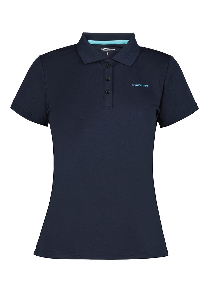 Paita polo tummansinisestä pehmeästä kankaasta, jossa on kaulus, kolmonnapainike ja pieni turkoosi logo vasemmassa rinnassa.