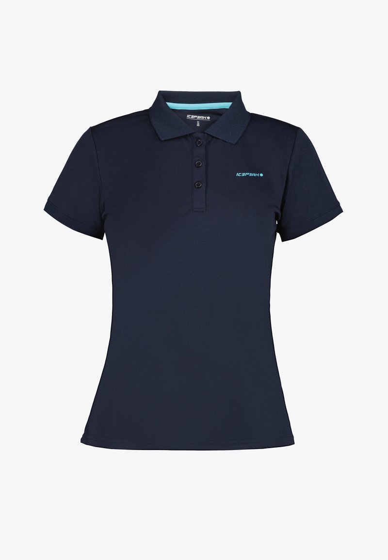 Paita polo tummansinisestä pehmeästä kankaasta, jossa on kaulus, kolmonnapainike ja pieni turkoosi logo vasemmassa rinnassa.