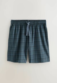 Plave i crne karo kratke hlače s elastičnom strukom i vezanom špagom na svijetloj pozadini.