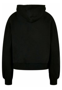 Svart kort hoodie med foder i huvan, elastiska manschetter och midjeband; mjukt tyg med en slät textur som har en enkel design.