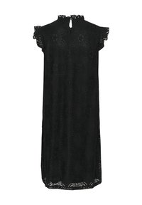 Černé krajkové šaty s výstřihem se špičatým okrajem, krátkými rukávy a květinovými vzory. Záda s klíčovou dírou a delší lem se vlnkovými okraji.