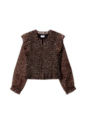 Bruine blouse met lange mouwen met luipaardprint, ruches op de schouders en een geplooide taille en manchetten.