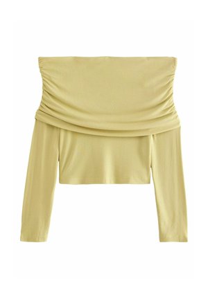 Sárga, vállat szabadon hagyó felső, hosszú ujjal, ráncos kialakítással és texturált bordás anyaggal. Rövidített hosszúságú, sima felülettel.