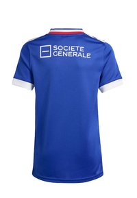 Blå sporttröja med krage och vit kant, med "Société Générale"-logotypen tydligt placerad på baksidan.