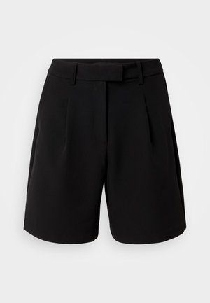 Czarne dopasowane szorty, wykonane z gładkiego materiału, z wysokim stanem, fałdami, szlufkami na pasek i kieszeniami po bokach, o minimalistycznym kroju.