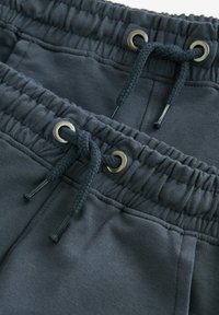 Graue Sportshorts verfügen über einen Kordelzug mit Metallösen, einen strukturierten Bund und ein glattes Material.
