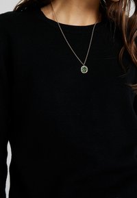 Silberne Halskette mit einem runden Anhänger, der ein grünes und schwarzes Design zeigt. Wird über einem schwarzen Pullover getragen. Dezente Kettendetails sind sichtbar.