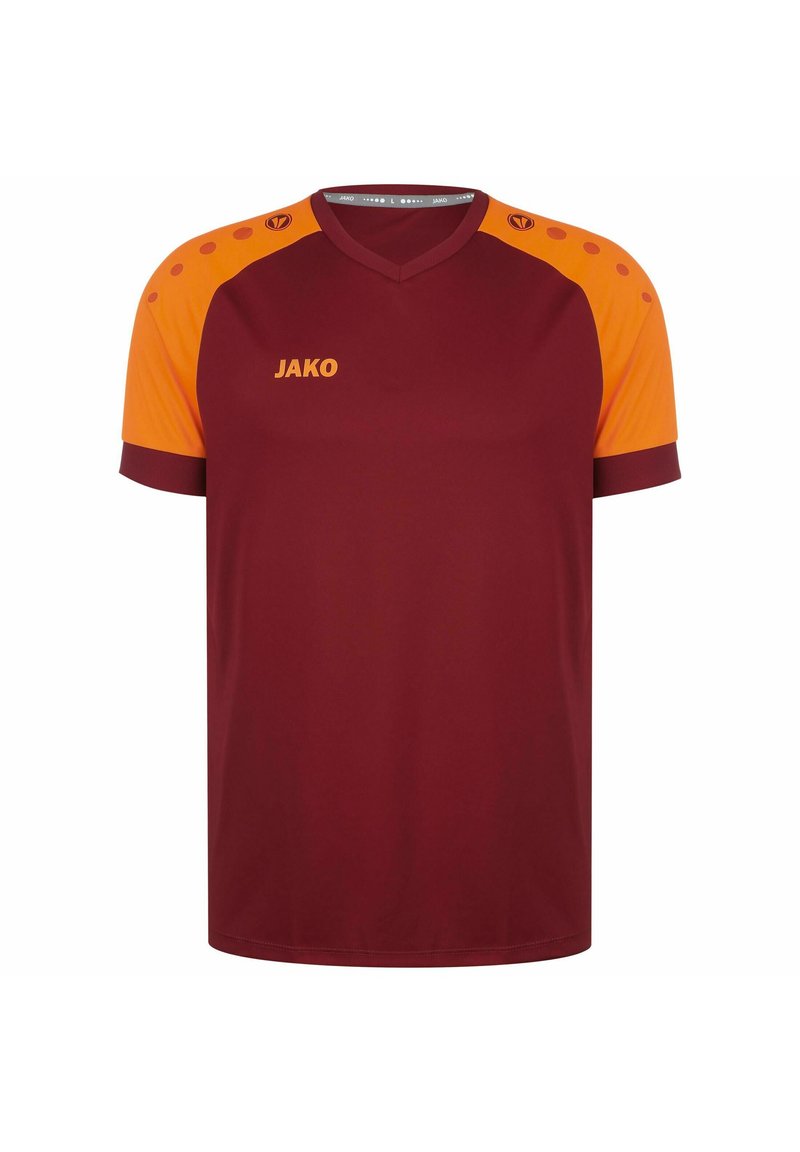 Maglietta sportiva color bordeaux con dettagli arancioni sulle spalle, maniche corte e scollatura a V. Presenta il logo JAKO in giallo a contrasto sul davanti.