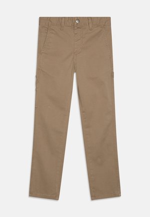 Pantalons cargo marron en tissu mélangé de coton, avec fermeture à bouton, poches latérales et coupe droite.