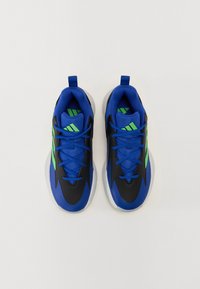 Black and blue athletic shoes featuring a mesh upper, green accents, round toe, and a textured sole. Laces and rear pull tab included.