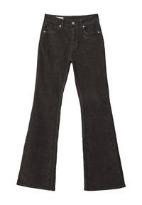 Czarne jeansy dzwony z pięcioma kieszeniami, wykonane z wytrzymałego denimu. Charakteryzują się srebrnymi detalami i teksturowanym wykończeniem.