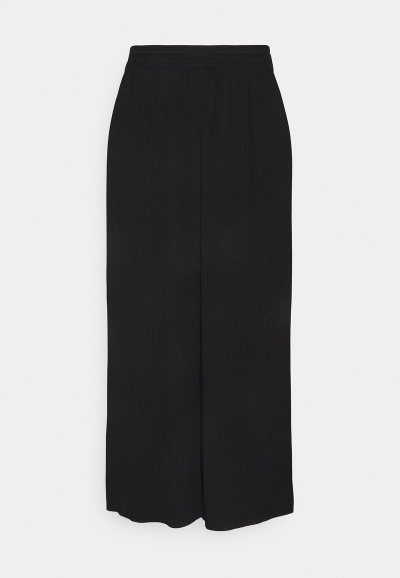 Pantalon noir à jambes larges avec ceinture élastique et tissu texturé, présenté à plat sur fond blanc.