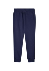 Marineblauwe joggers van zacht materiaal, met een taps toelopend ontwerp, geribbelde manchetten en een enkele achterzak. Glad oppervlak zonder patronen.