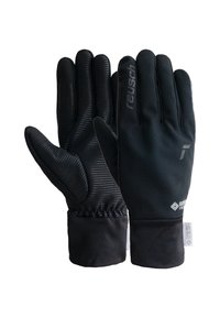 Sorte handsker med en glat overflade og teksturerede detaljer på fingrene. Inkluderer en indsnøret håndled og Gore-Tex branding.