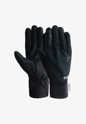 Czarne rękawice z gładką powierzchnią i teksturowanymi akcentami na palcach. Zawierają ściągacz w nadgarstku oraz logo Gore-Tex.