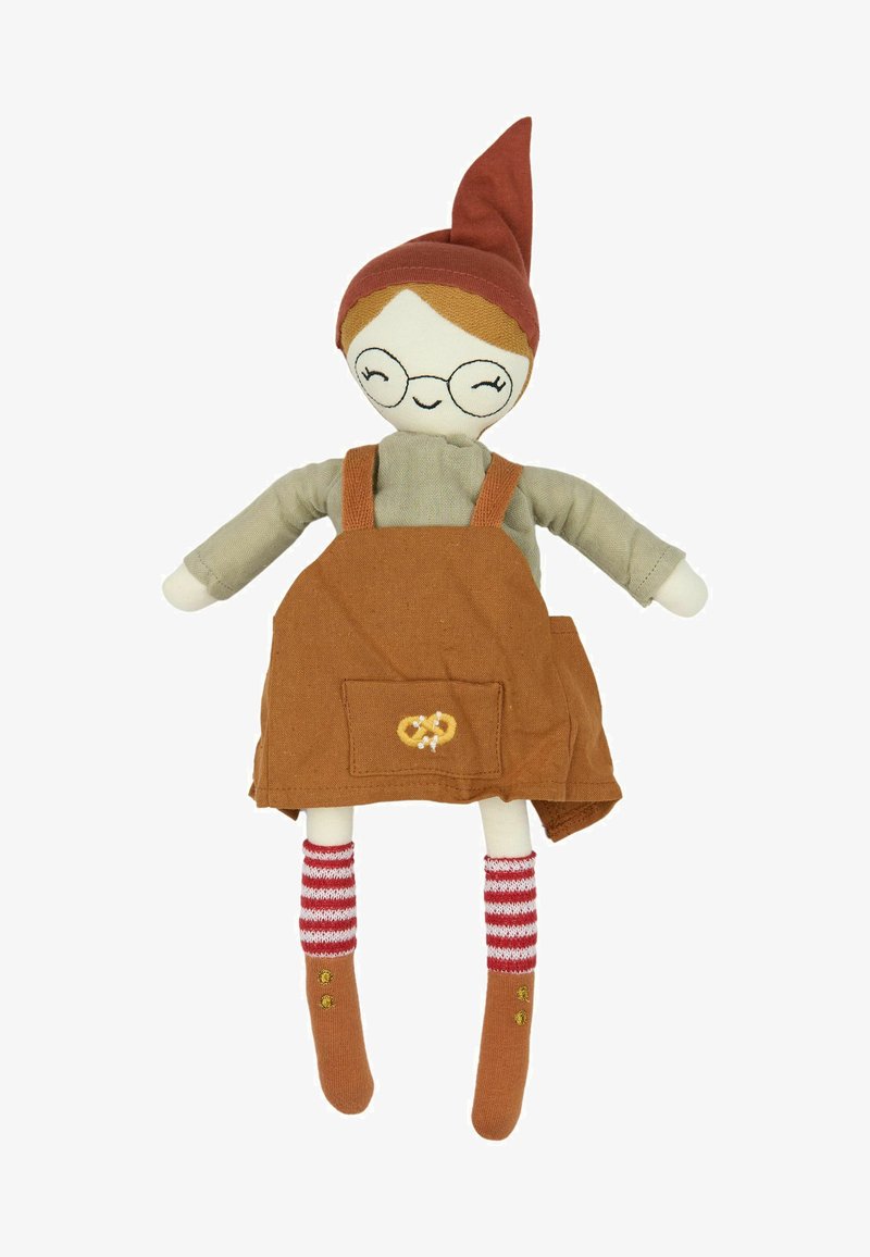 Mekana tkanina lutka s bež gornjim dijelom, narančastim kombinezonom s dizajnom pereca, rumenim obrazima, okruglim naočalama i prugastim crvenim i bijelim čarapama.